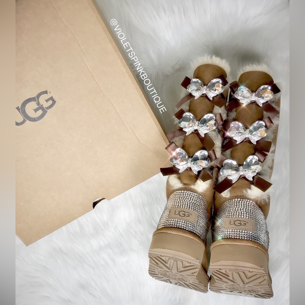 Womens custom bling crystal Bailey bow tall Ugg boots with Swarovski crystals - Picture 2 of 7